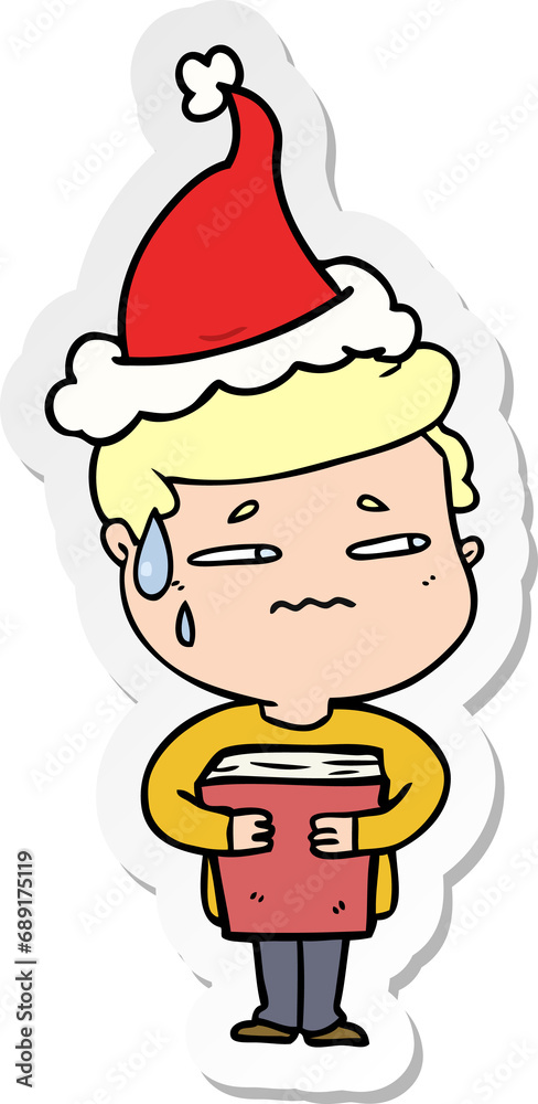 hand drawn sticker cartoon of a anxious boy carrying book wearing santa hat hand drawn sticker cartoon of a anxious boy carrying book wearing santa hat