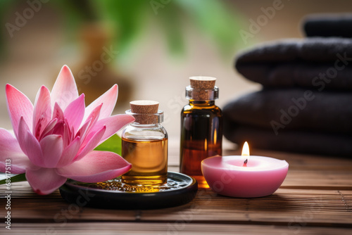 Spa composition with lotus flower essential oil and towels