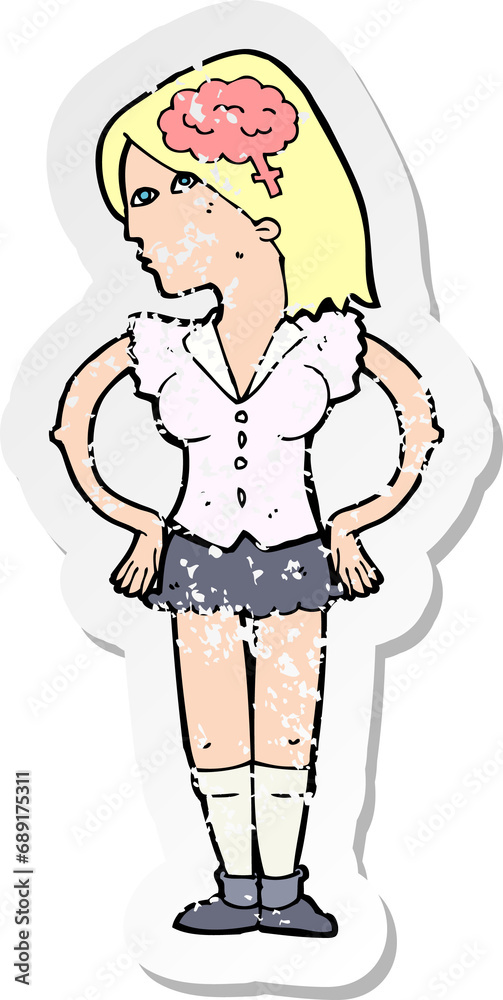 retro distressed sticker of a cartoon intelligent woman retro distressed sticker of a cartoon intelligent woman