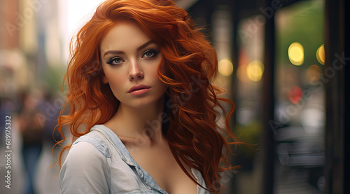 a girl with red curly hair in new york city at sunset