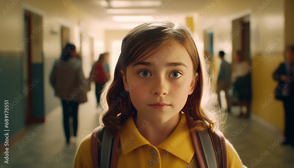 Smiling schoolgirl in hallway, filled with awe Smiling schoolgirl in hallway, filled with awe