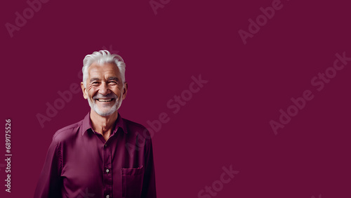 Old man smiling isolated on studio background. Copyspace area