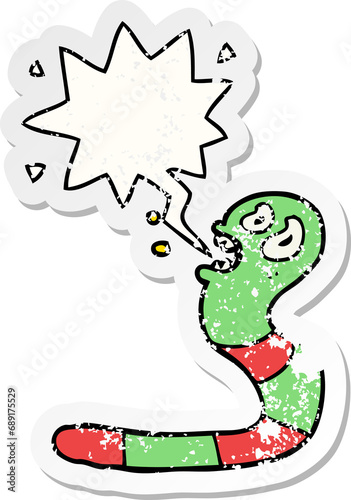 cartoon frightened worm with speech bubble distressed distressed old sticker