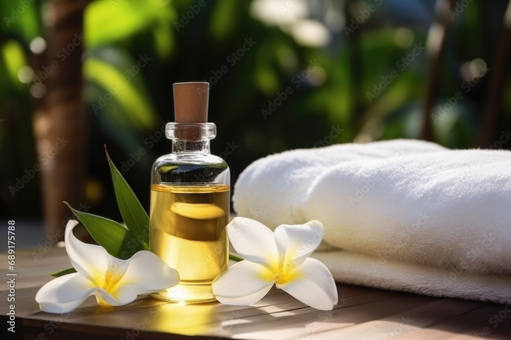 Spa composition with vanilla flower essential oil, zen stones and towels Spa composition with vanilla flower essential oil, zen stones and towels