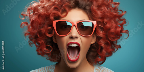 Lustige junge Frau mit roten Locken und Brille im Querformat für Banner, ai generativ photo