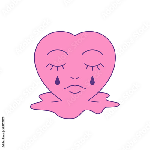 Y2k pink crying heart with tears drops puddle comic cartoon character groovy icon vector flat
