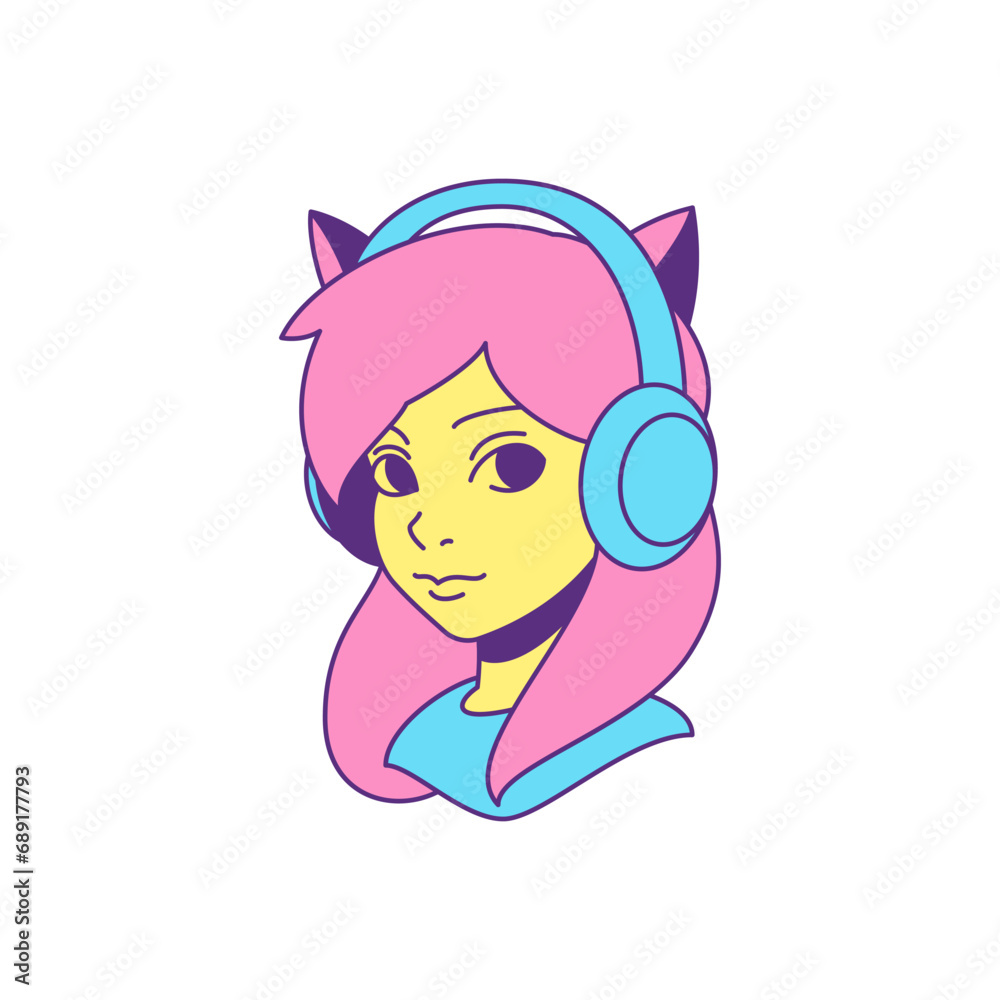 Y2k foxy woman in headphones portrait DJ gamer cartoon character groovy style icon vector flat Y2k foxy woman in headphones portrait DJ gamer cartoon character groovy style icon vector flat