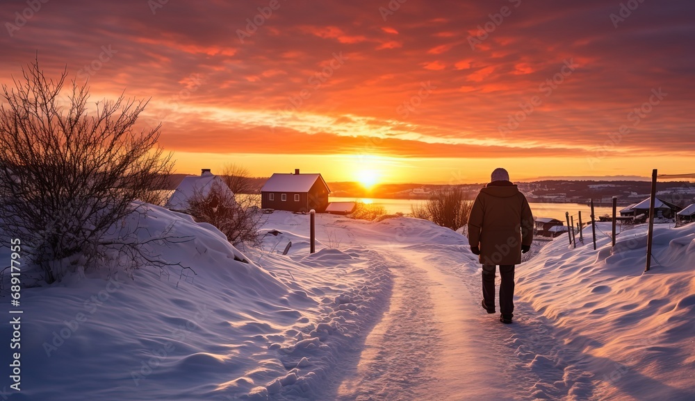 a man walking on dirt road covered with snow in winter time during sunset, rural countryside, Generative Ai a man walking on dirt road covered with snow in winter time during sunset, rural countryside, Generative Ai