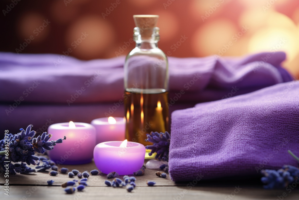 Spa composition with lavender essential oil, candles and towels