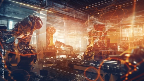 Double exposure photograph of a futuristic factory's mechanized industry. Robotics technology concept for the industrial revolution and automated production process, Generative AI