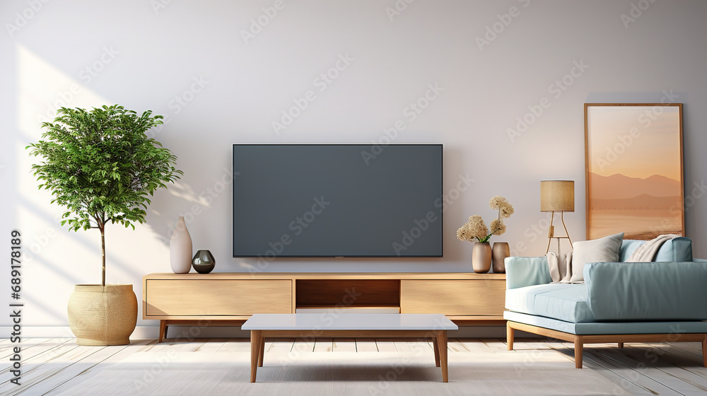 Modern minimalistic style living room with tv - obrazy, fototapety, plakaty 