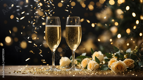 New Year Celebrations with Two Glasses of Champagne and Christmas Decorations 