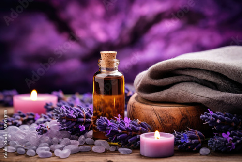 Spa composition with lavender essential oil, candles and towels
