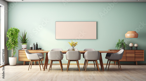 Minimalist Elegance  Dining Room with Modern Table and Pastel Green Walls