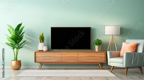 Cozy minimalistic style Living Room with TV on Pastel Green walls