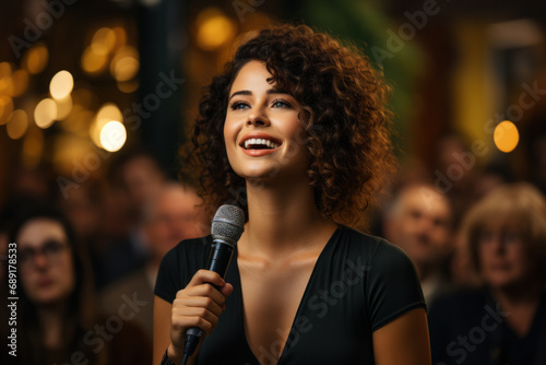 Stand up comedian on stage. Young woman talks joke into microphone or sings songs.