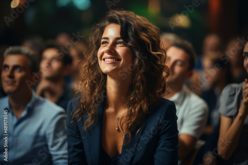 Stand up comedian on stage. Young woman talks joke into microphone or sings songs.