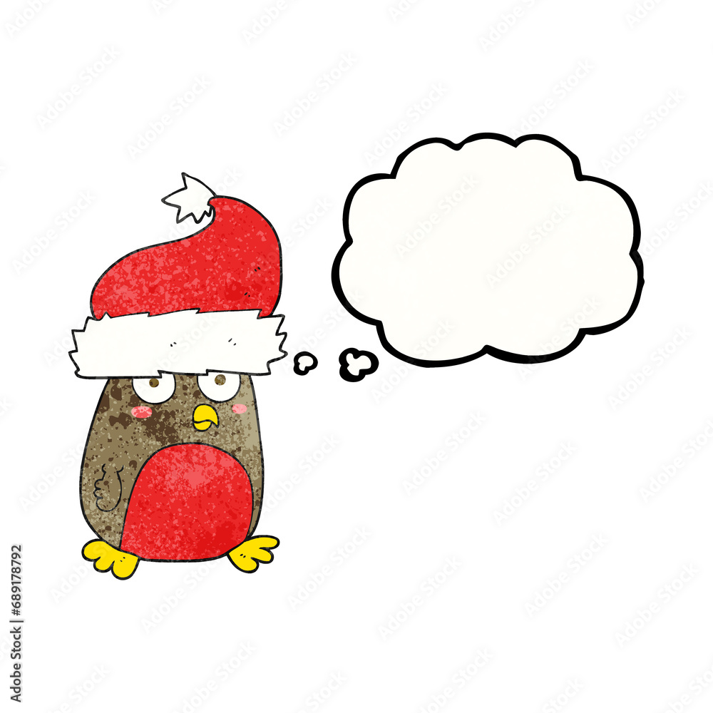 freehand drawn thought bubble textured cartoon christmas robin wearing christmas hat freehand drawn thought bubble textured cartoon christmas robin wearing christmas hat