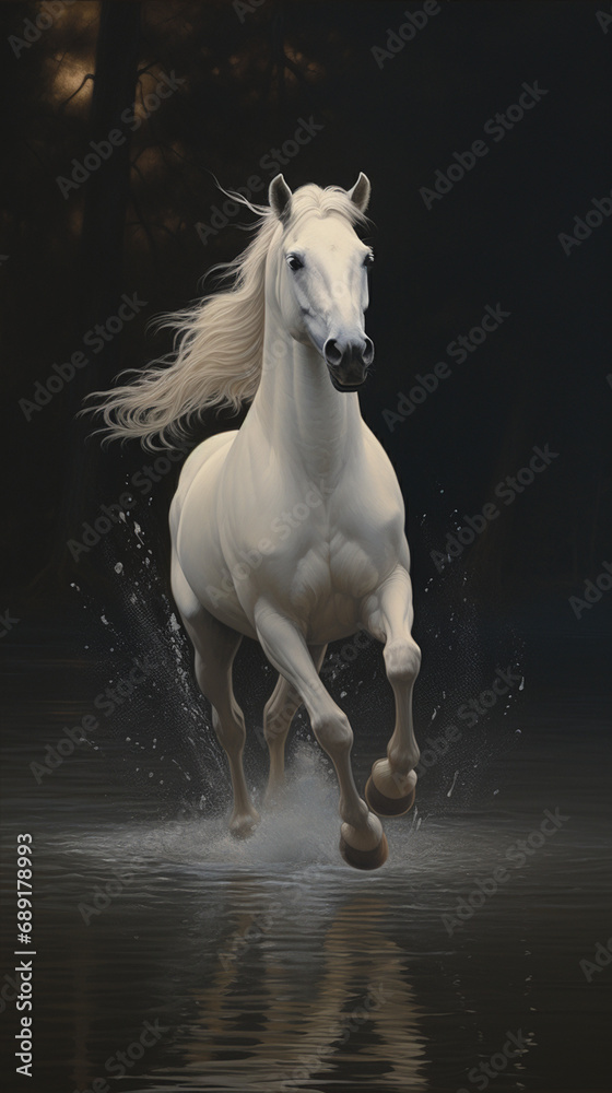 horse running through water, dynamic, movement, beautiful oil painting created with Generative Ai