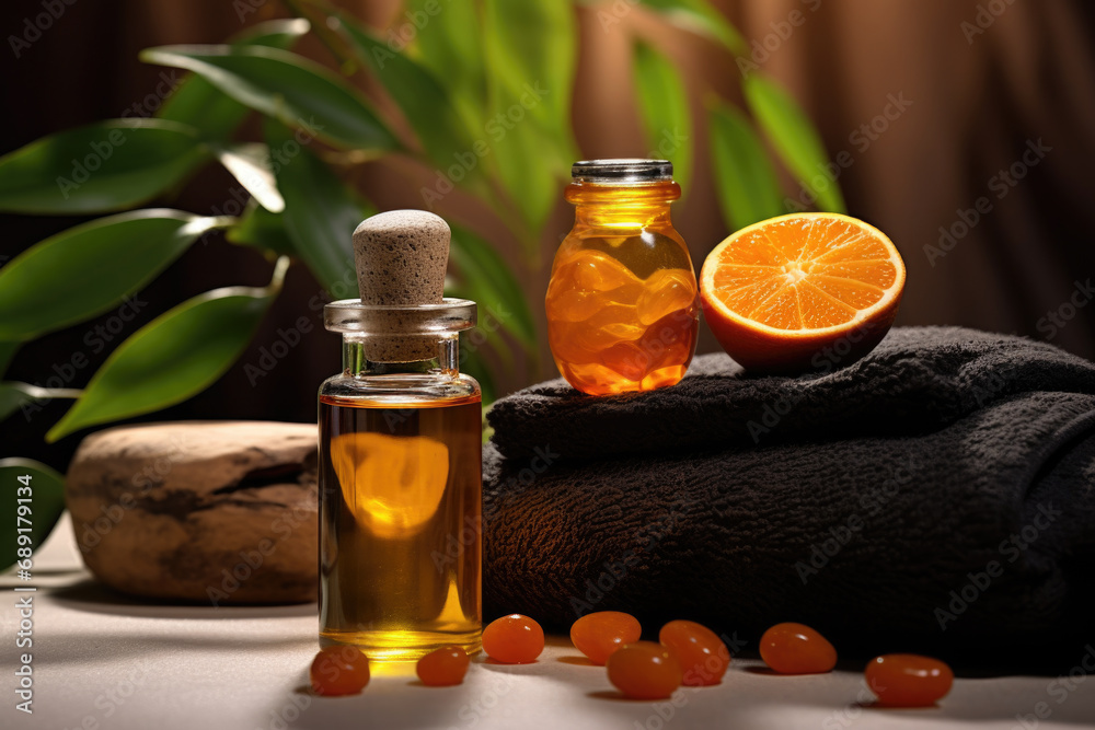 Spa composition with orange essential oil, candles and towels Spa composition with orange essential oil, candles and towels