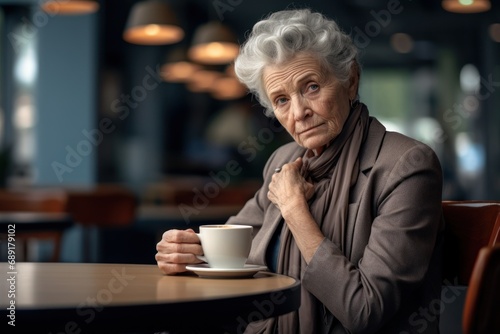 senior person drinking coffee in cafe