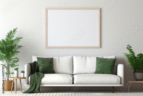 Living room with couch in Scandinavian interior design with empty wooden photo frame border on light wall. Mock up template copy space for text
