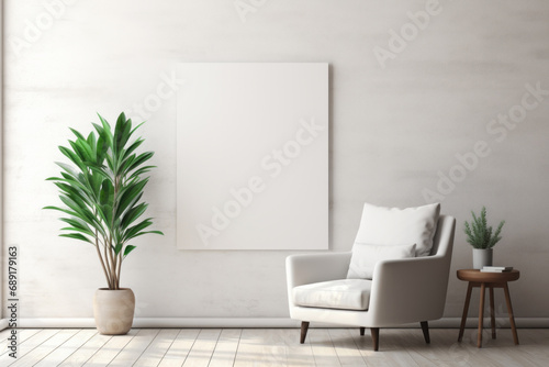 Living room with white armchair in Scandinavian interior design with empty wooden photo frame on light wall. Mock up template copy space for text
