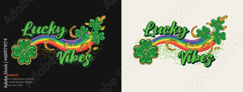 Horizontal St Patricks Day label with rainbow wave, luck 4 four leaves clover, flying golden coins, horseshoe, text. For prints, clothing, t shirt design Text editable graphic style included photo