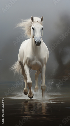 horse running through water, dynamic, movement, beautiful oil painting created with Generative Ai