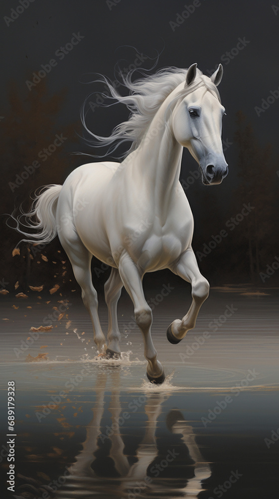 Obraz premium horse running through water, dynamic, movement, beautiful oil painting created with Generative Ai