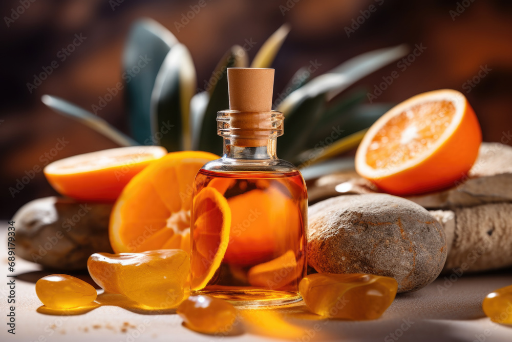 Spa composition with orange essential oil, candles and towels Spa composition with orange essential oil, candles and towels