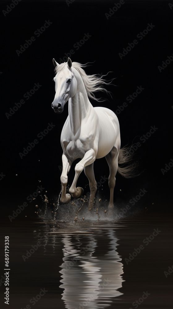 horse running through water, dynamic, movement, beautiful oil painting created with Generative Ai