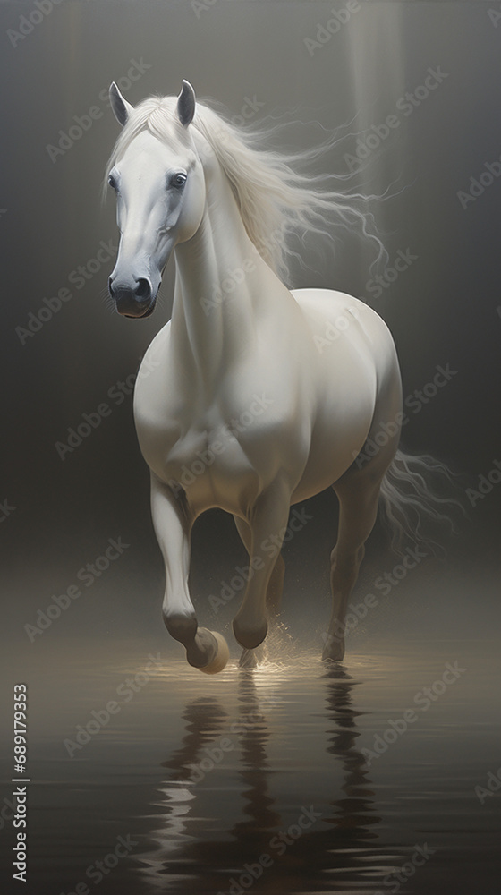 Obraz premium horse running through water, dynamic, movement, beautiful oil painting created with Generative Ai