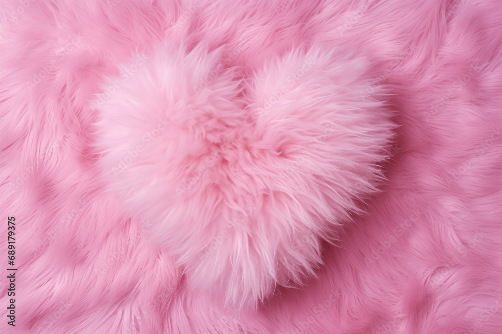 A fluffy pink fur heart shaped pillow with a soft texture on abstract cotton candy background A fluffy pink fur heart shaped pillow with a soft texture on abstract cotton candy background