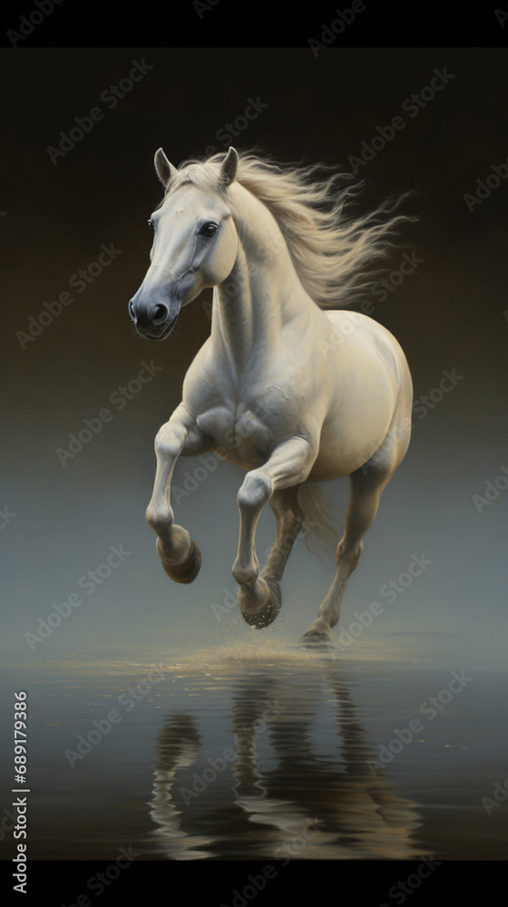 Obraz premium horse running through water, dynamic, movement, beautiful oil painting created with Generative Ai