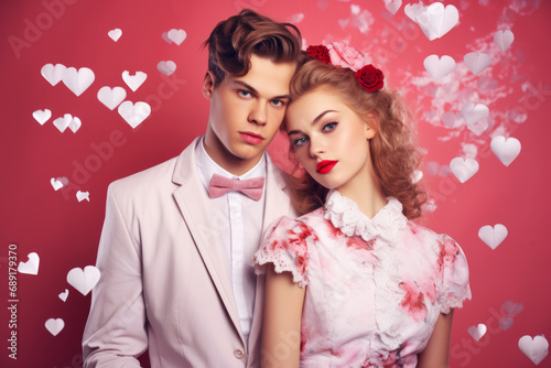 Portrait of young pretty handsome couple in romantic outfit on flying hearts background. Happy Saint Valentine's day concept