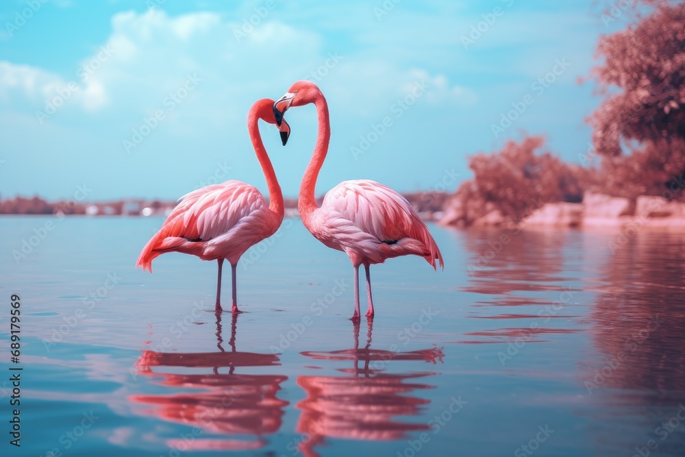 Pink flamingos swim alongside a resort, generative ai