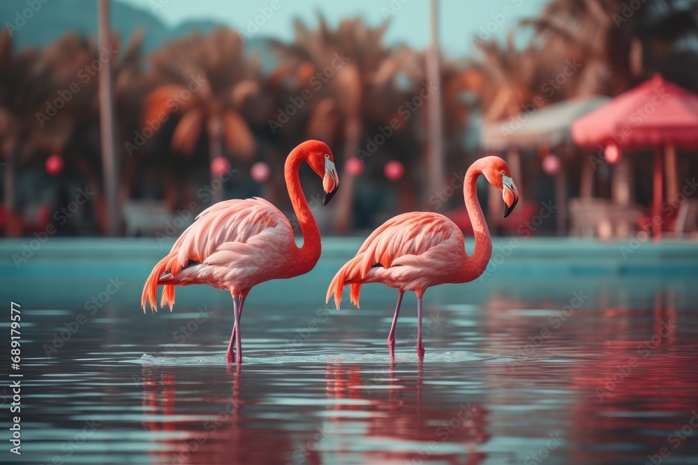 Fototapeta premium Pink flamingos swim alongside a resort, generative ai