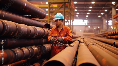 Male worker inspects steel pipes in oil refinery © JKLoma