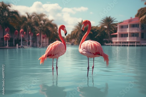 Pink flamingos swim alongside a resort, generative ai