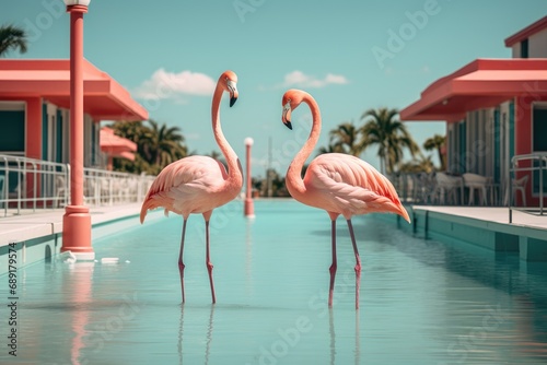 Pink flamingos swim alongside a resort, generative ai