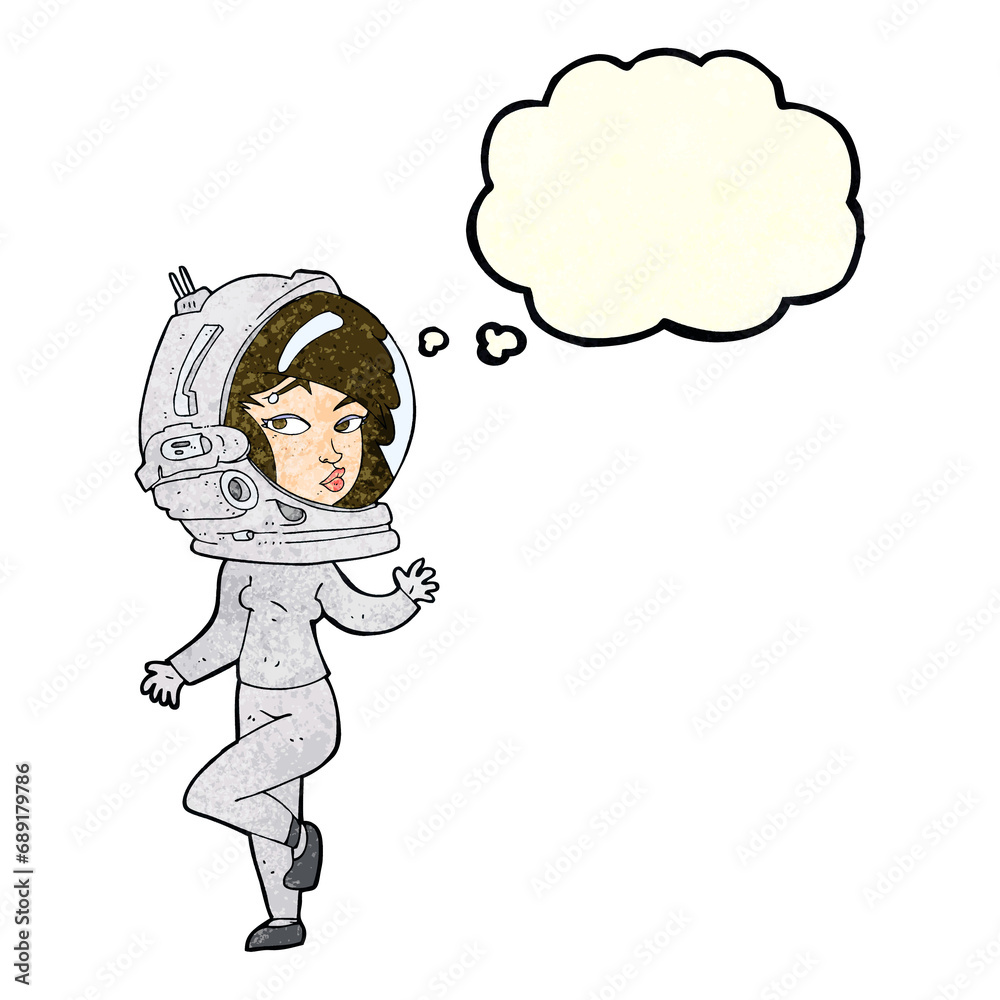 cartoon woman wearing space helmet with thought bubble