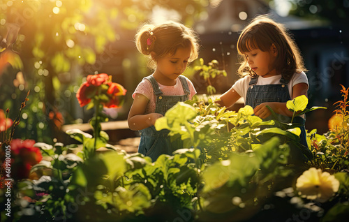 young children tending vegetable patch in a garden