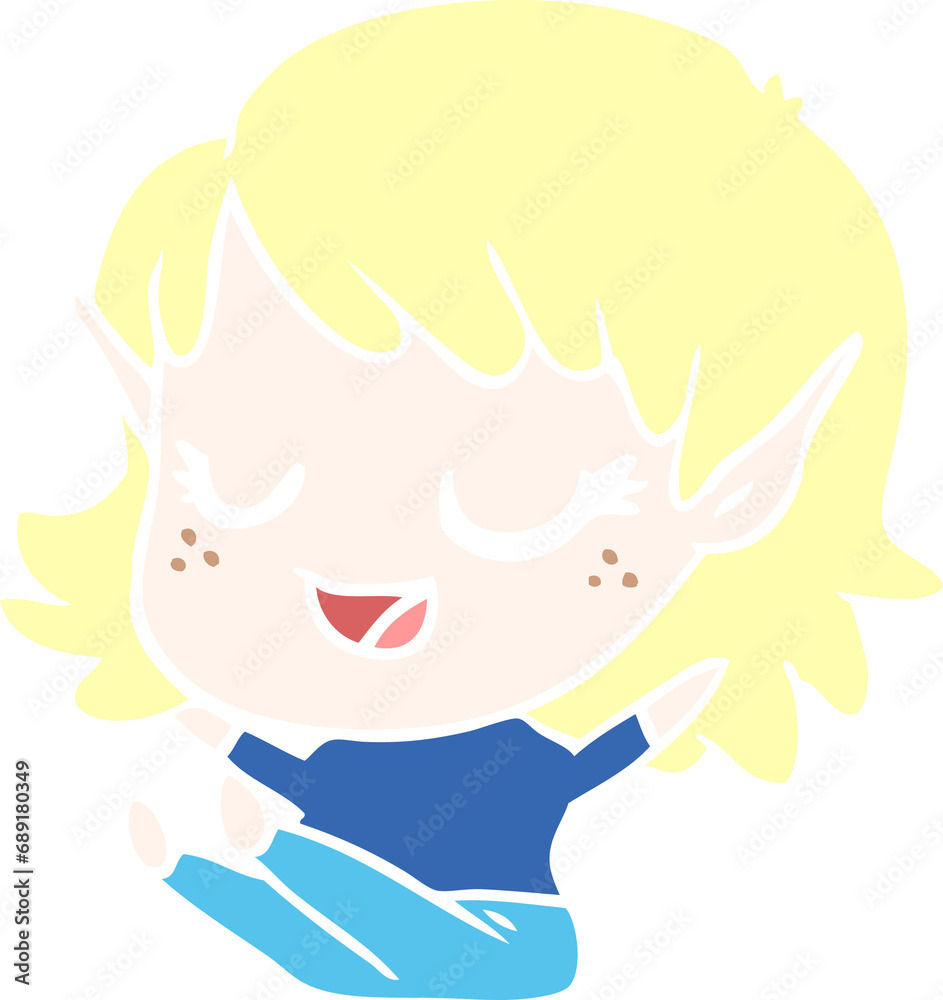 happy flat color style cartoon elf girl sitting happy flat color style cartoon elf girl sitting