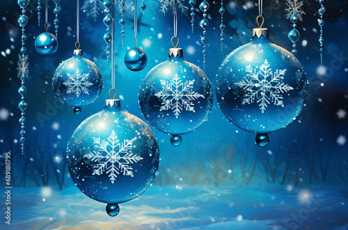 Blue christmas balls on winter forest background. 3D illustration.