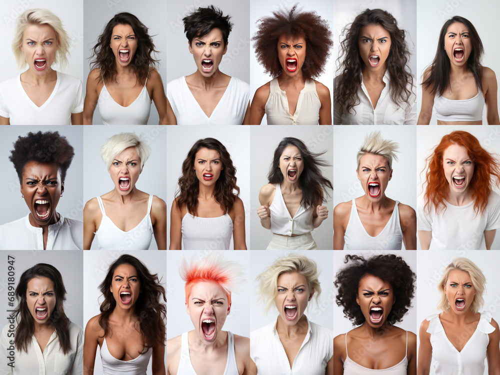 Set of angry women of various ethnicities. White color palette