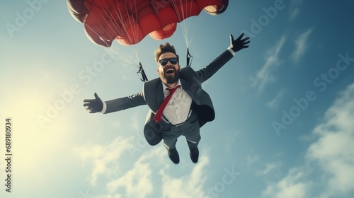 Conceptual image of businessman flying with parachute on back.
