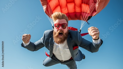 Conceptual image of businessman flying with parachute on back. 