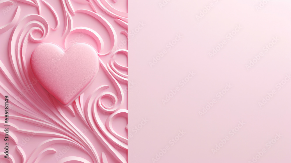 Greeting card banner with pink 3d heart on minimal textured background top view. Anniversary festive event concept