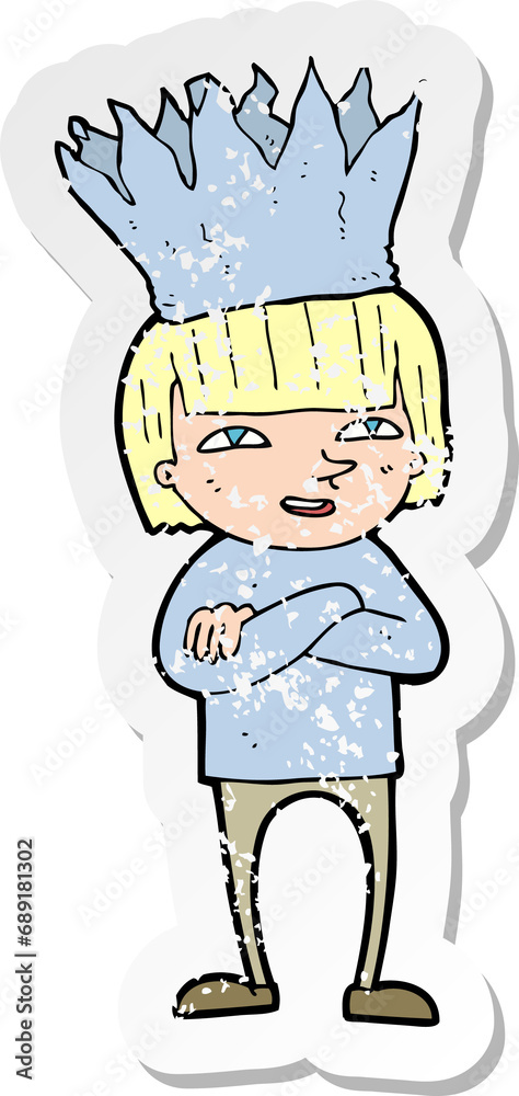 retro distressed sticker of a cartoon person wearing paper crown retro distressed sticker of a cartoon person wearing paper crown